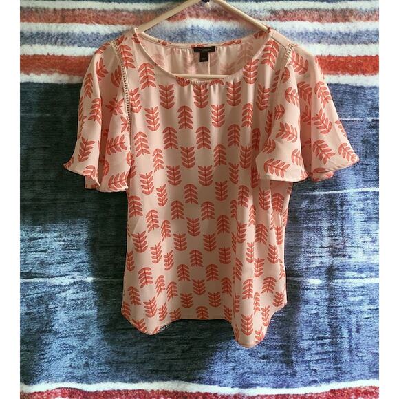 Ann Taylor Floral Leaves Short Sleeve Top Size Small Flowy orange white blouse - Picture 1 of 5
